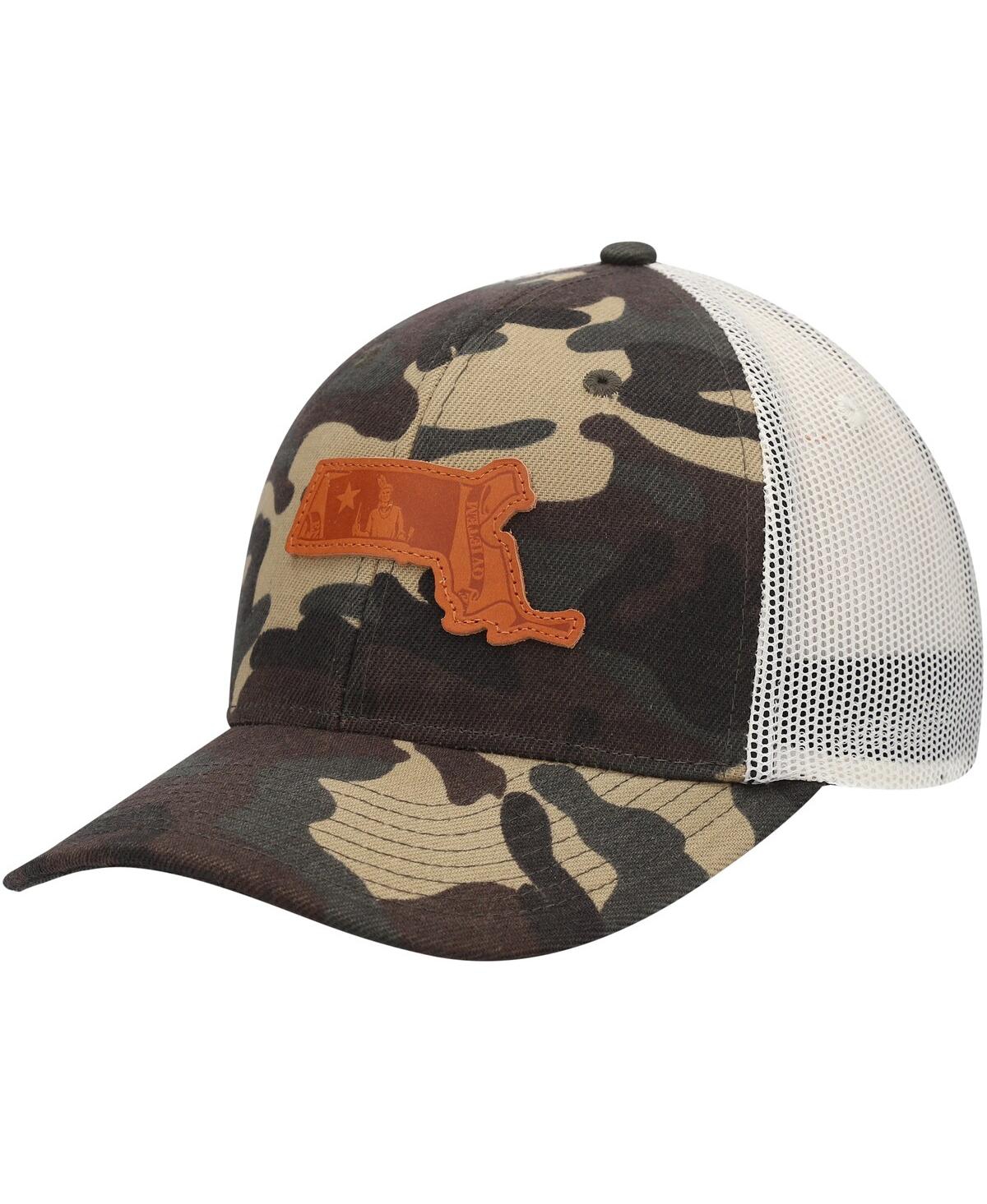 Shop Local Crowns Men's  Camo Massachusetts Icon Woodland State Patch Trucker Snapback Hat