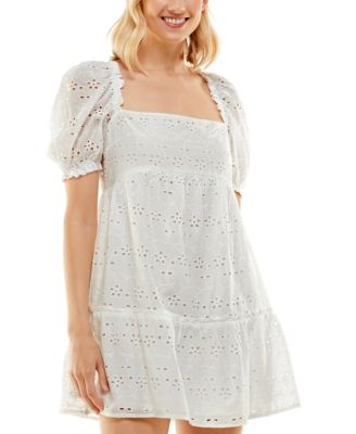 Crystal Doll - Juniors's Eyelet Puff-Sleeve Dress