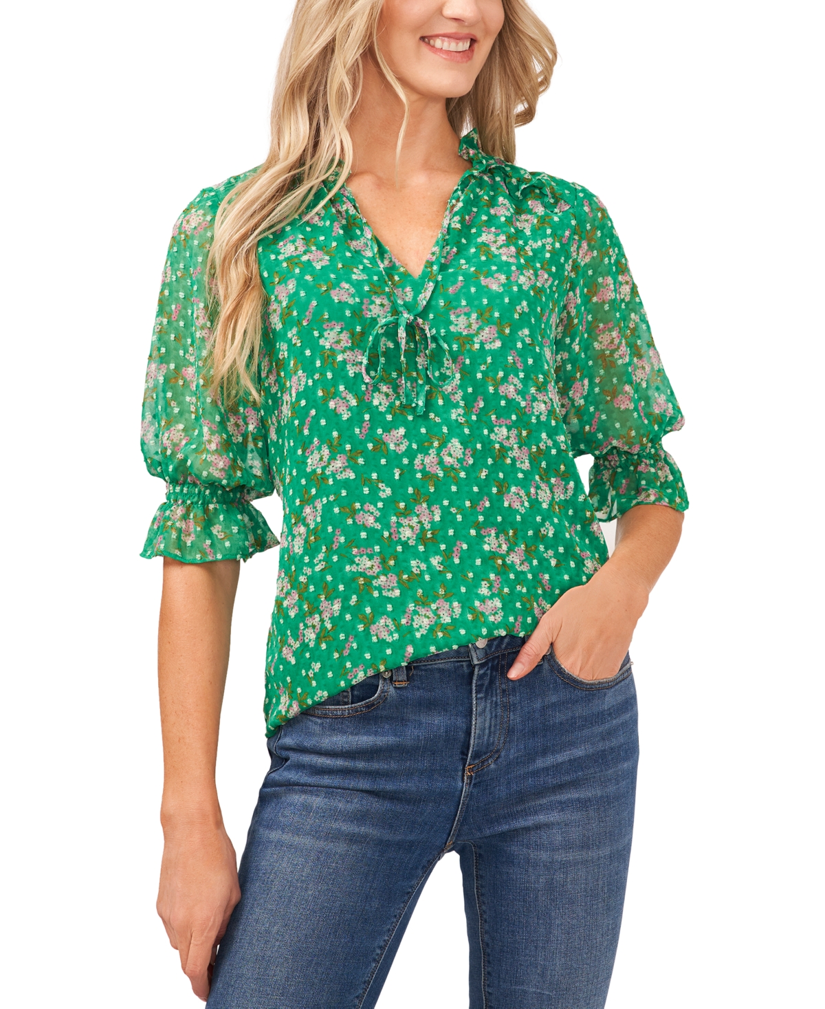 Cece Print Clip Dot Blouse In Jolly Green