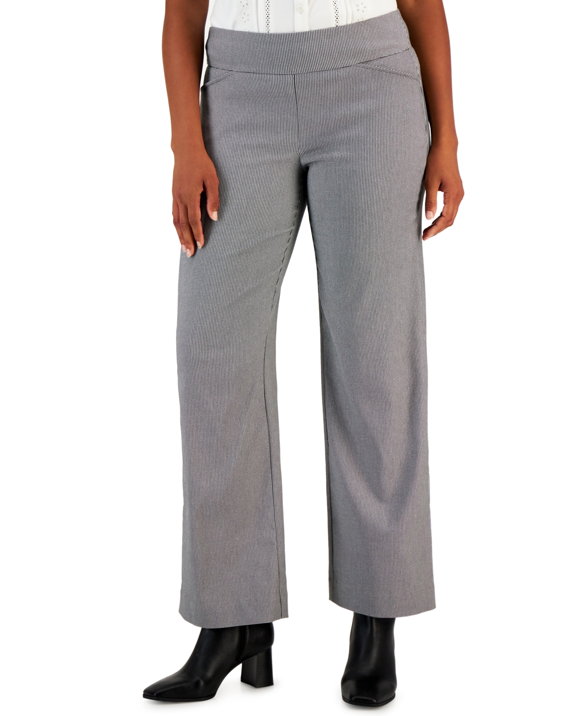 Charter Club Women's Pull-On Wide-Leg Houndstooth Pants, Created for Macy's
