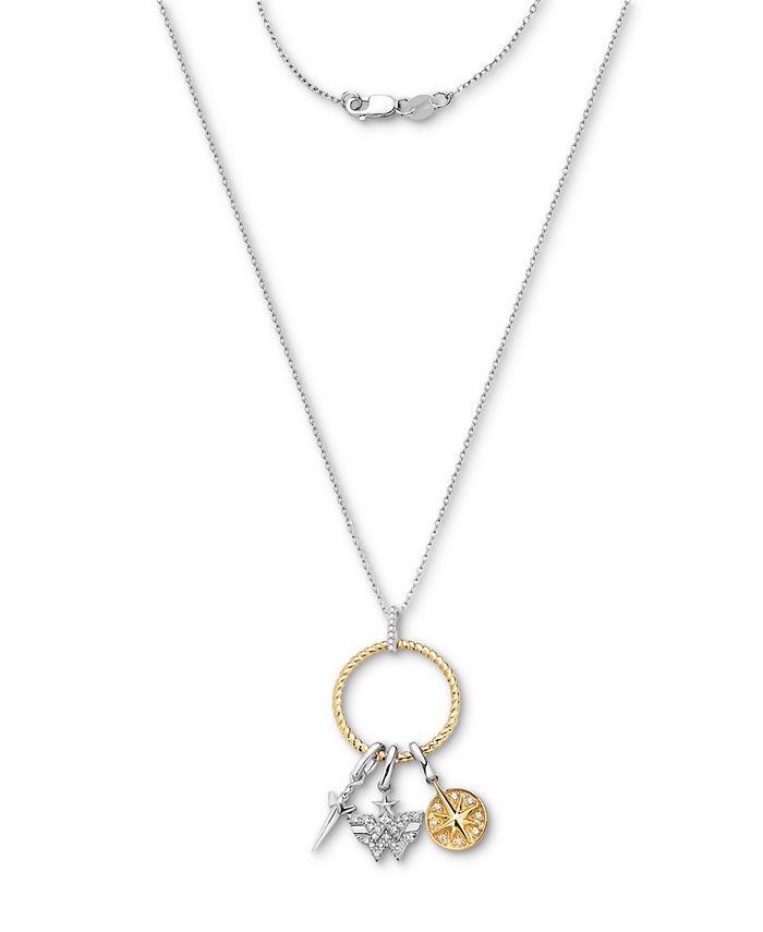 Macy's - Diamond Triple Charm Ring 18" Pendant Necklace (1/8 ct. t.w.) in Sterling Silver & 10k Gold