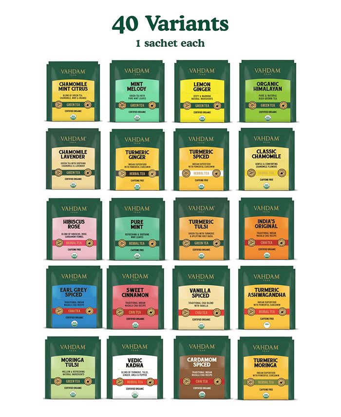Vahdam Teas Assorted Tea Bags Variety Set Sampler Gift Set, 40 Long