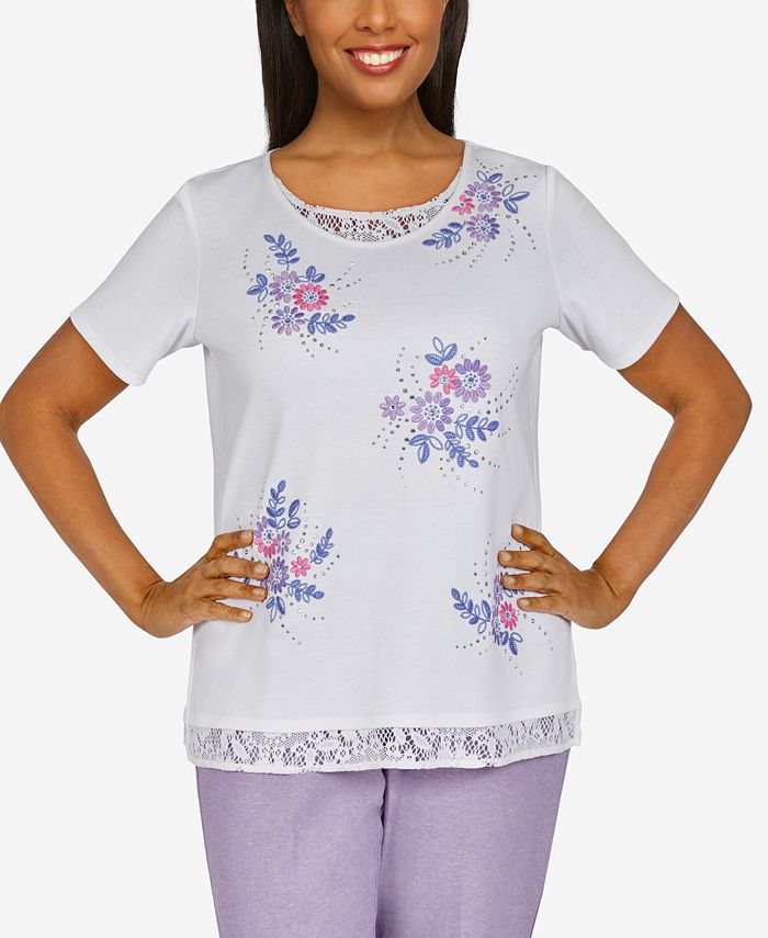 Alfred Dunner Petite Ann Arbor Lace Trim Embroidered Bouquets Knit Top ...