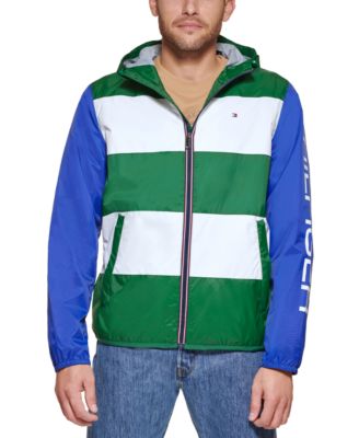 Tommy Hilfiger Men's Colorblocked Rugby Stripe Hooded Rain Jacket Verdant Green/White/Cyber Yellow