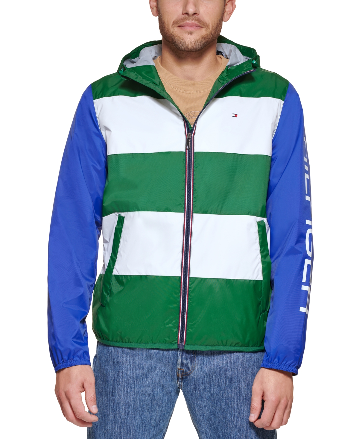 Tommy Hilfiger Men's Colorblocked Rugby Stripe Hooded Rain Jacket In ...