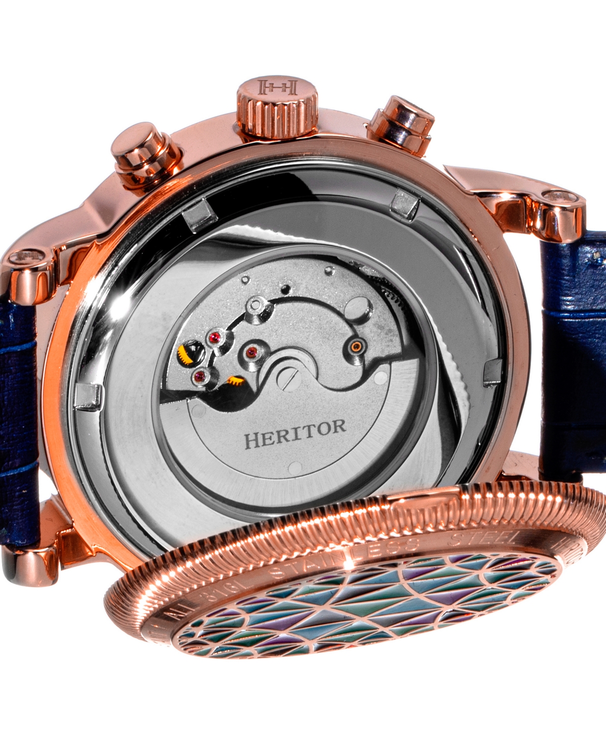 Heritor Automatic Legacy Black or Blue or Brown Genuine Leather Band Watch, 44mm - Rose Gold-Tone, Blue
