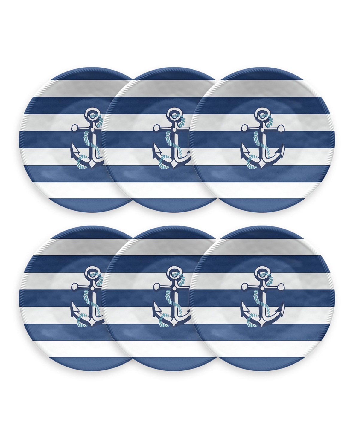 Nautical Anchor 6-Piece Salad Plate Set, 8.5" - Blue and White Nautical