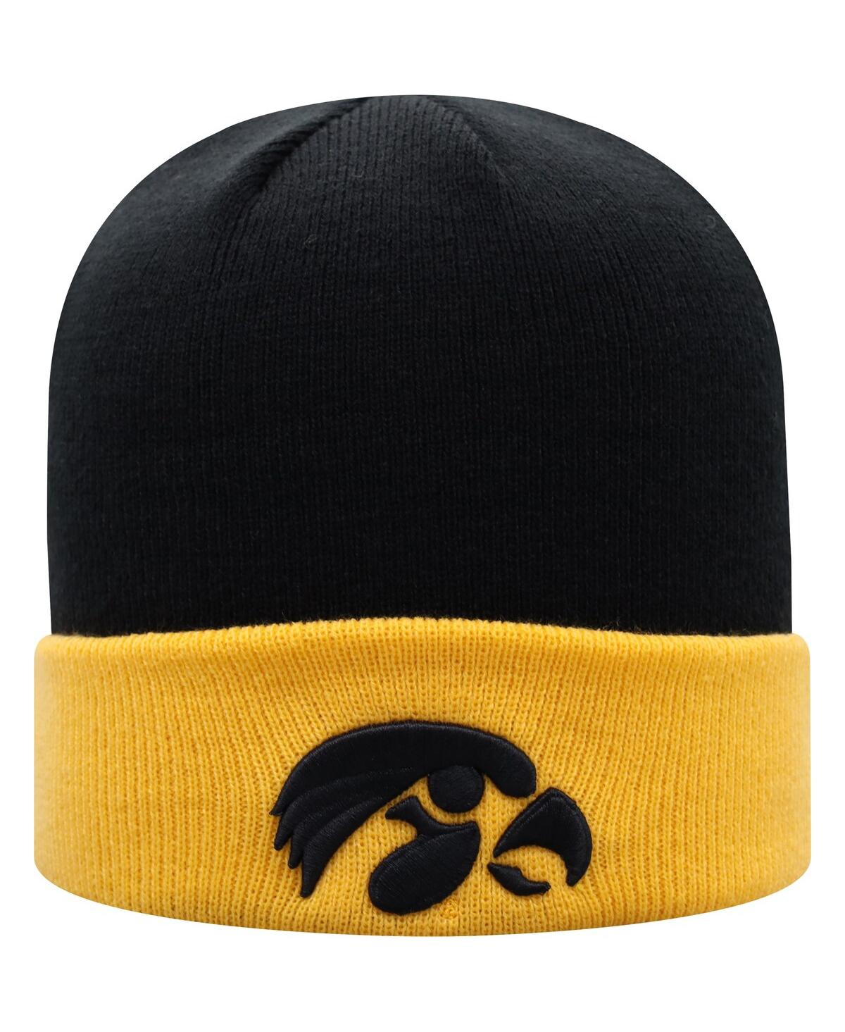 Top Of The World Men's Black And Gold Iowa Hawkeyes Core 2-tone Cuffed Knit Hat With Pom In Black,gold