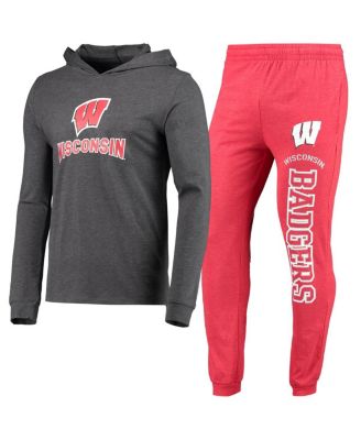 Men's Heathered Red, Heathered Charcoal Wisconsin Badgers Meter Long Sleeve Hoodie T-shirt and Jogger Pants Set