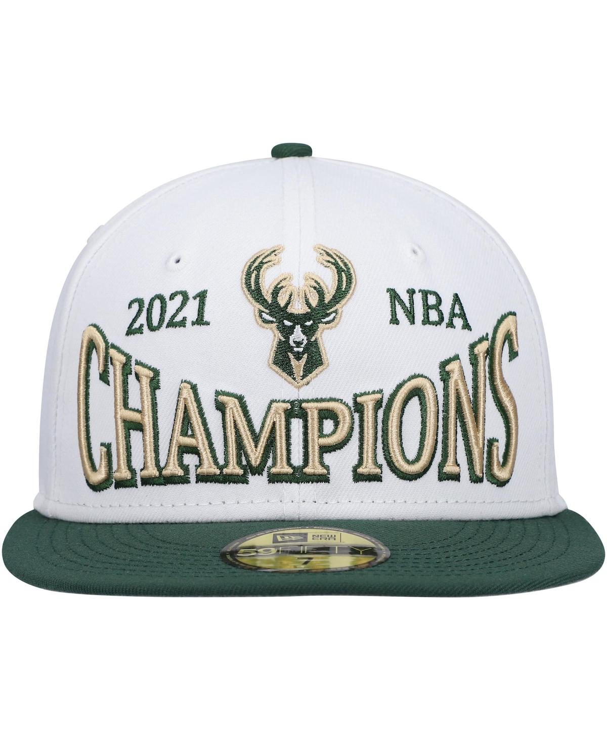 New Era Men's  White, Hunter Green Milwaukee Bucks Arch Champs 59fifty Fitted Hat In White,hunter Green