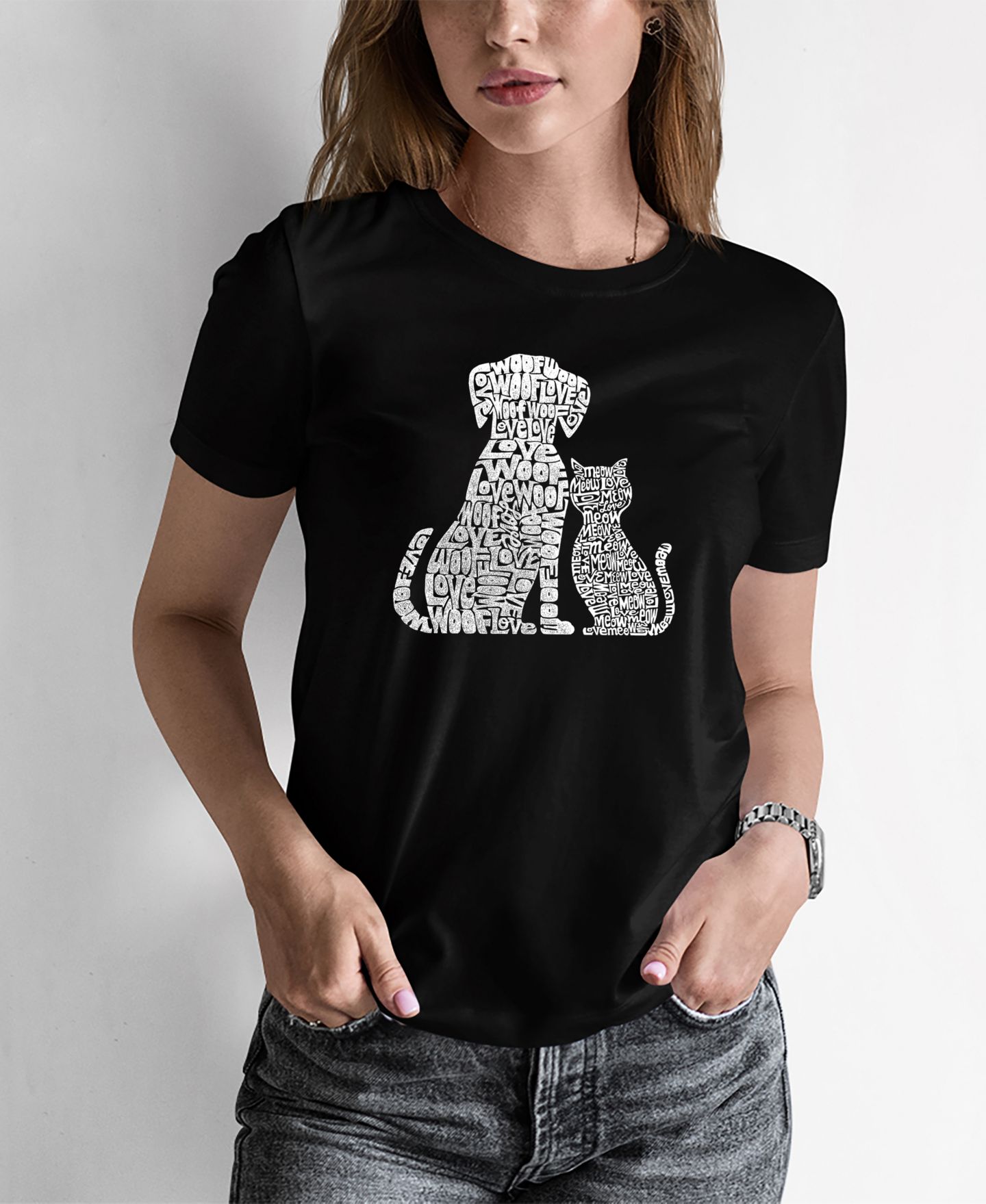 Женская футболка LA Pop Art Word Art Dogs and Cats, цвет: Чёрный — фото 1