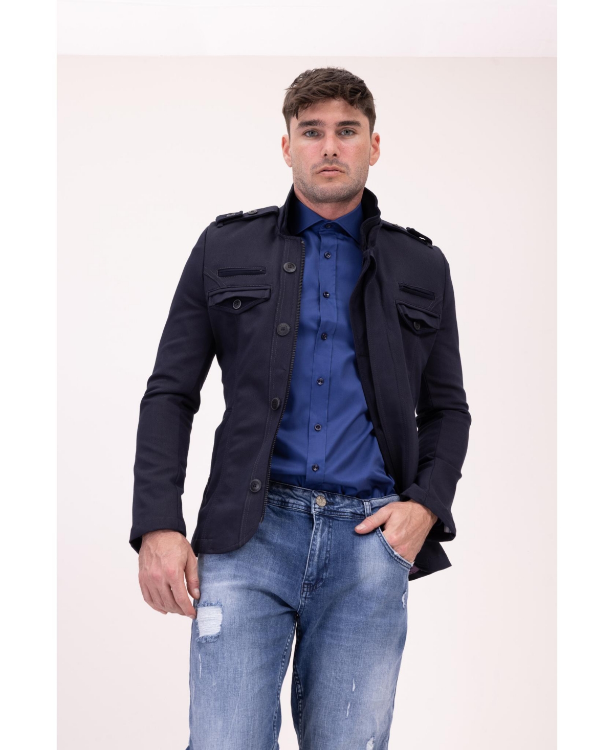 Men's Modern Epaulette Shoulder Sports Jacket - Navy