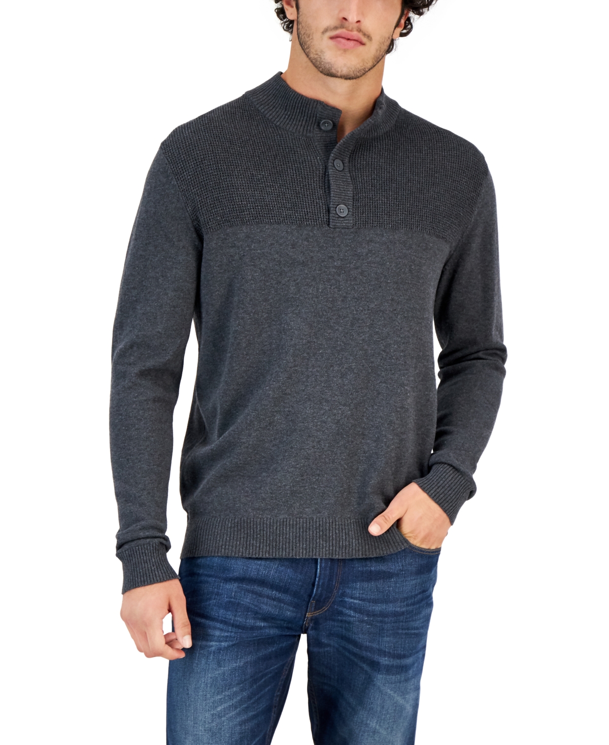 Men's Button Mock Neck Sweater, Created for Macy's - Deep Rust