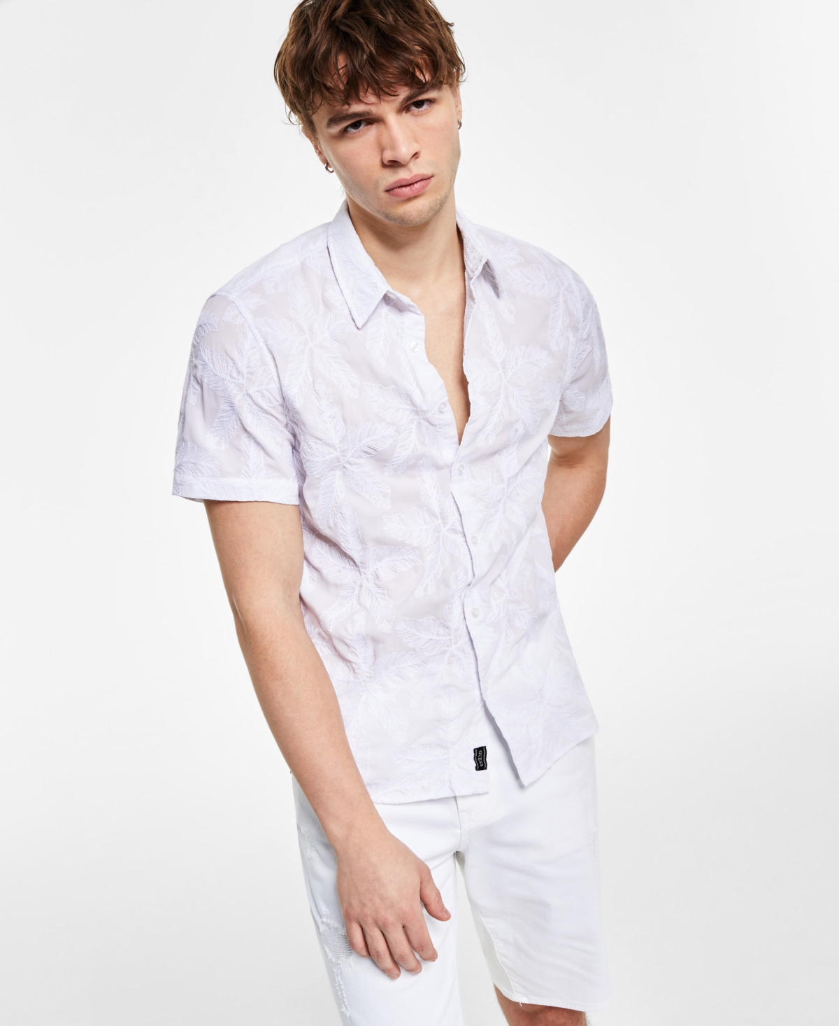 Guess Men's Floral Embroidered Twill Shirt In Smart Blue | ModeSens