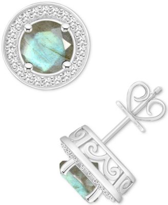 Cultured Freshwater Pearl & Diamond (1/5 ct. t.w.) Halo Stud Earrings in Sterling Silver (Also in Onyx, Turquoise, & Labradorite)