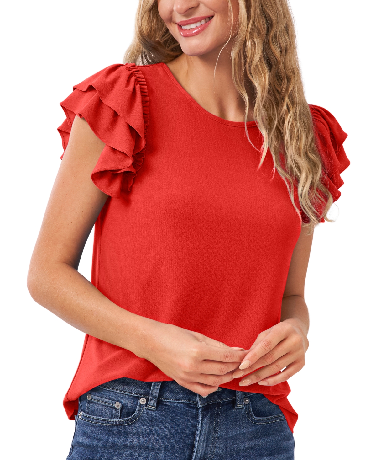 Shop Cece Women's Ruffled Flutter-sleeve Short Sleeve Knit Top In Fireball