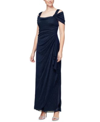 Cold-Shoulder Draped Metallic Petite Gown