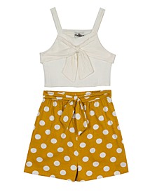 Toddler Girls Rib Knit Top with Front Tie and Printed Dot Short Set