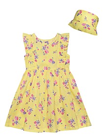 Little Girls Floral Ruffle-Trim Fit-and-Flare Dress and Floral Sun Hat, Set of 2