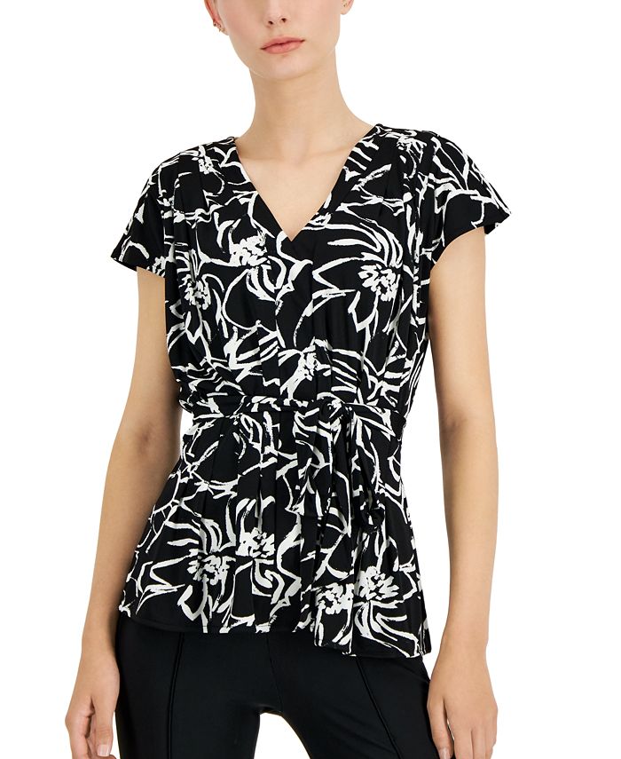 Alfani Women's VNeck Pleated TieWaist ShortSleeve Top, Created for