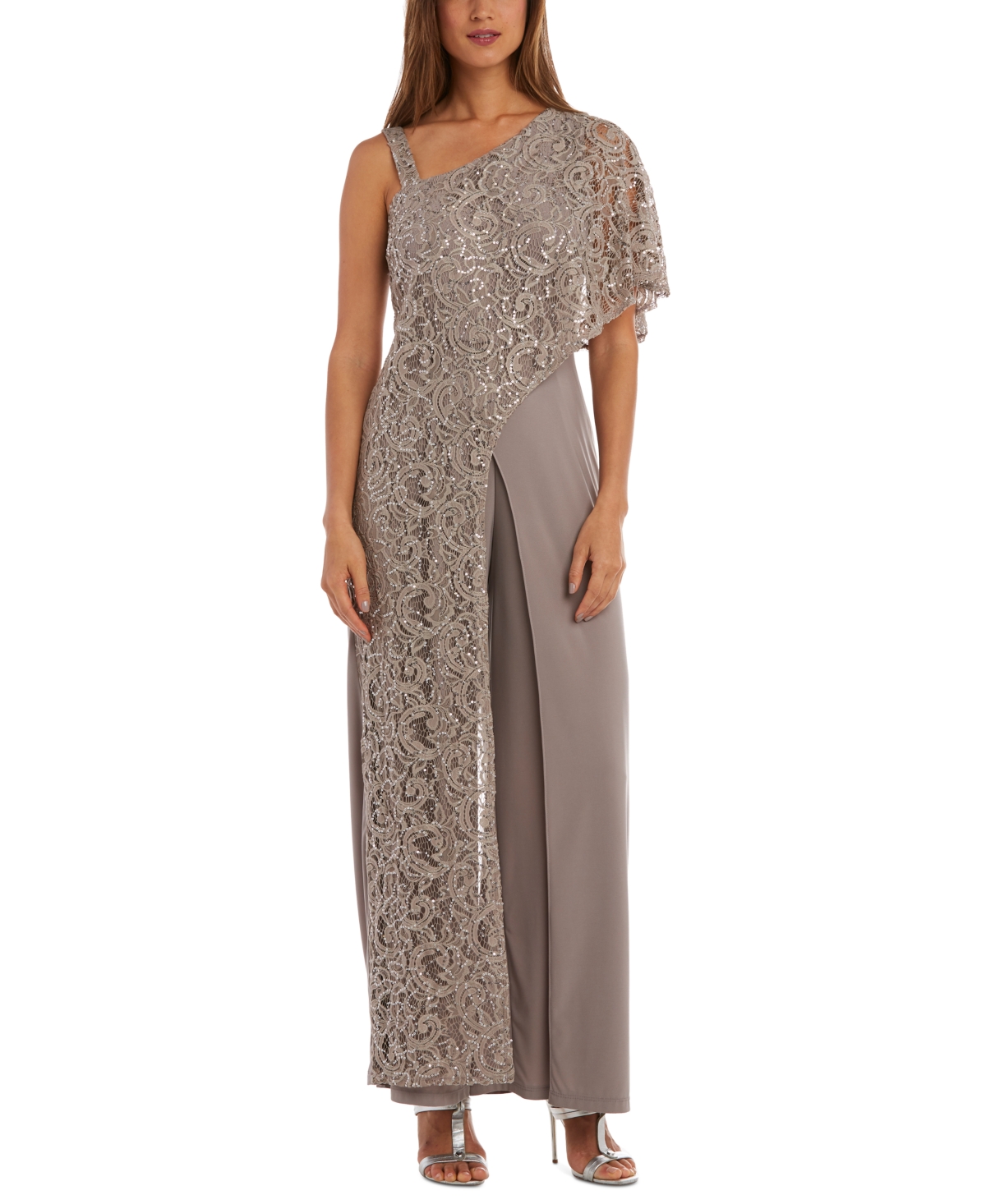 Nightway Petite Sequined-lace One-shoulder Jumpsuit In Mocha