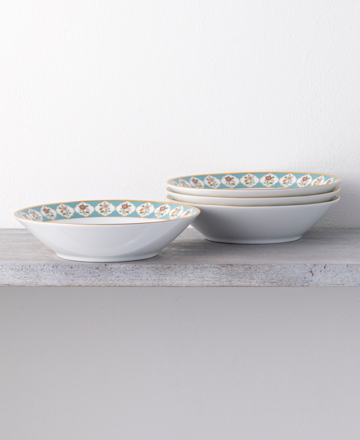 Noritake Lodi's Morning 20 oz Soup Bowls, Set Of 4 In White,blue,gold-tone Band