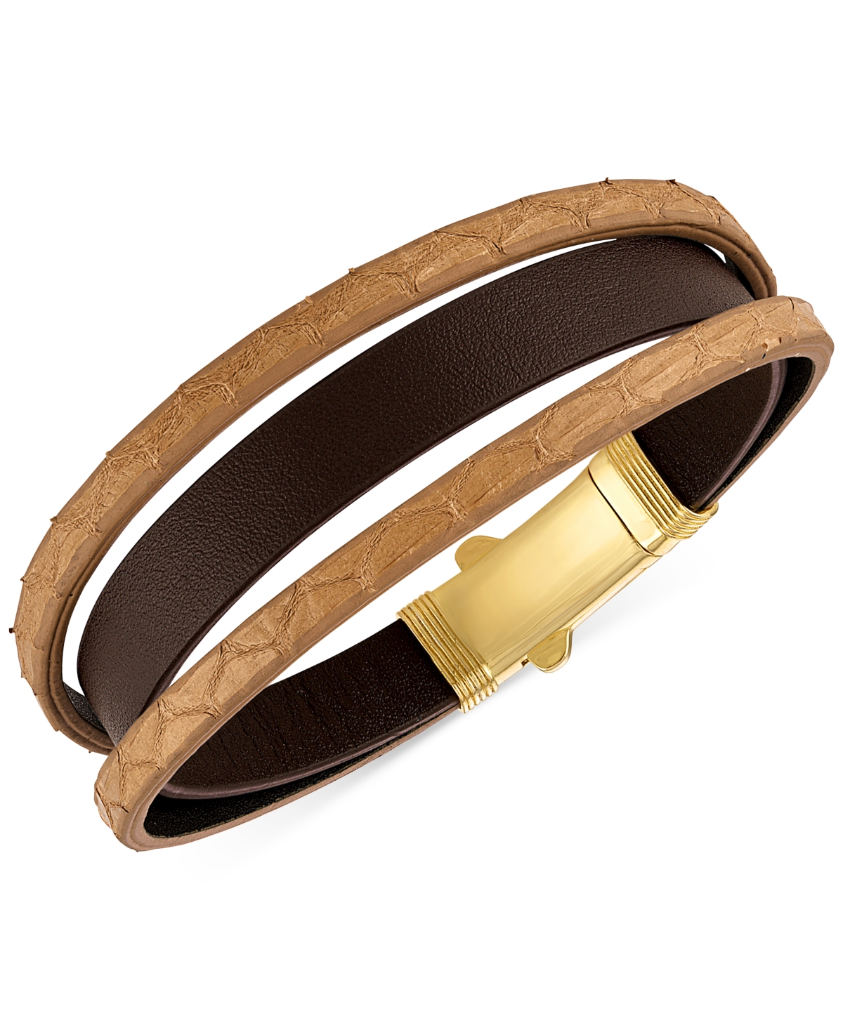 Esquire Men's Jewelry Two-tone Triple Strap Leather Layered Bracelet In 18k Gold-plated Sterling Silver, Created For Macy' In Brown/gold