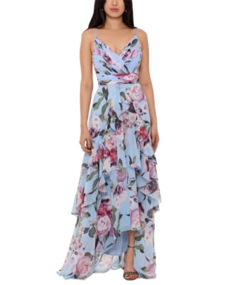 XSCAPE - Petite Floral-Print Ruffled High-Low Sleeveless Gown