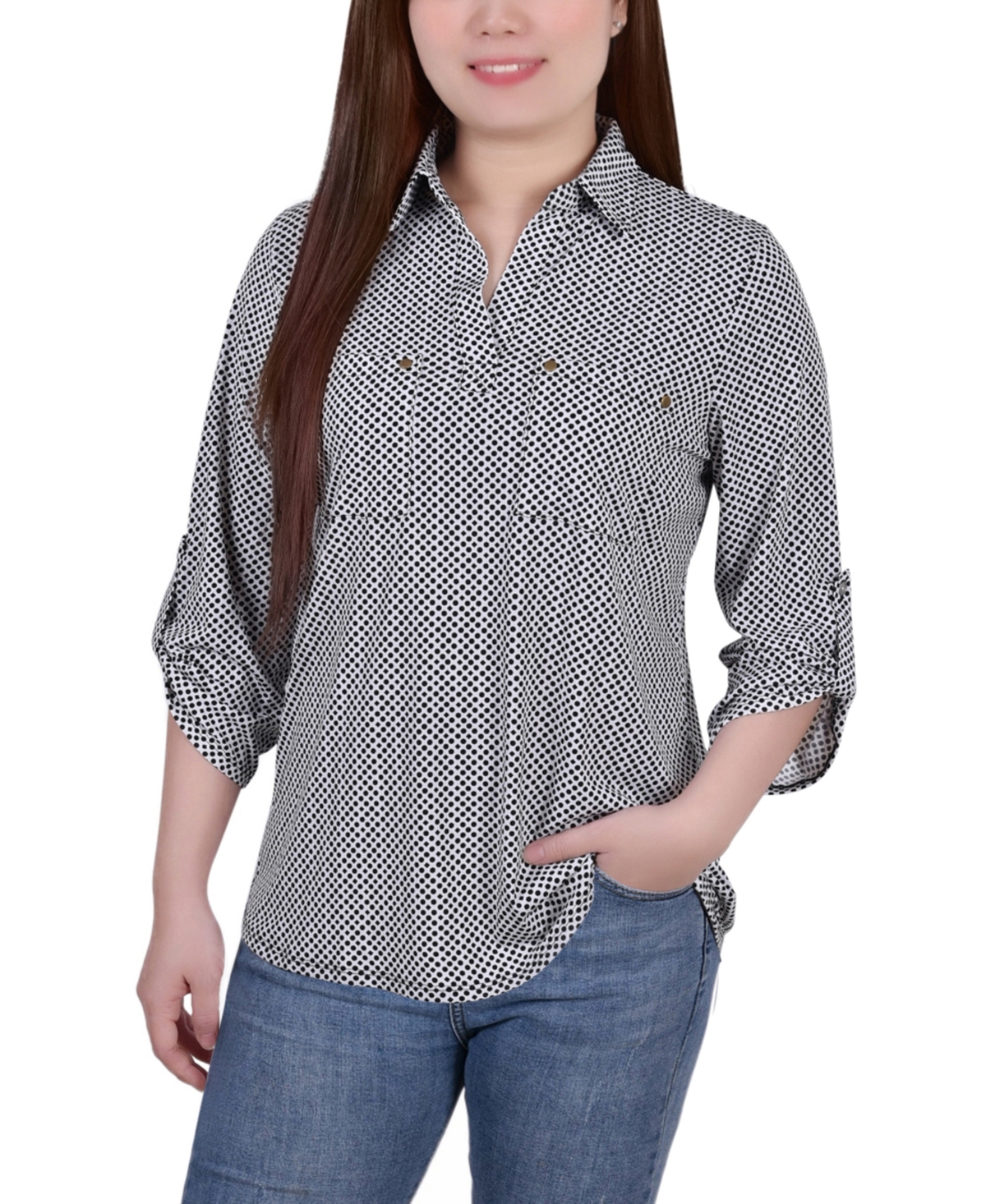 Ny Collection Women's 3/4 Ruched Sleeve Studded Y-neck Top In Circles And Diamonds