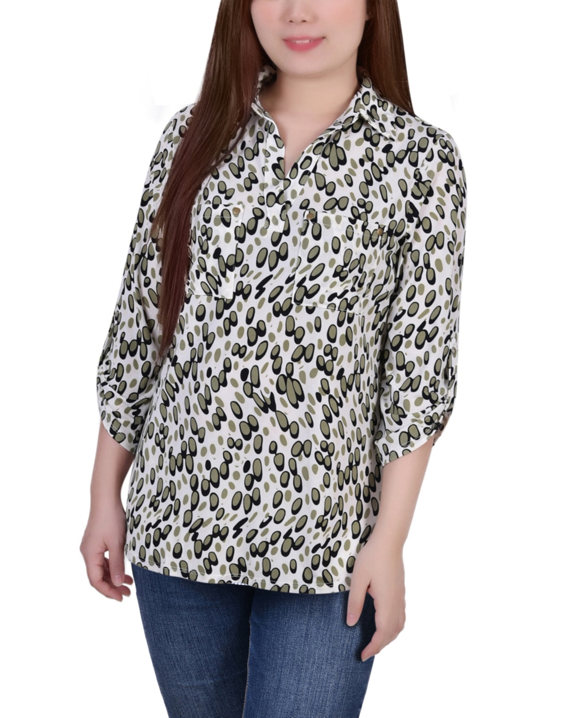 Ny Collection Women's 3/4 Ruched Sleeve Studded Y-neck Top In Grey Abstract Dots