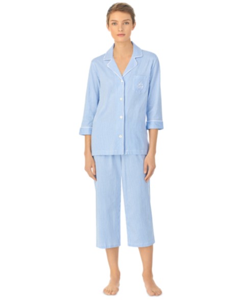 Женские Lauren Ralph Lauren Womens 3/4 Sleeve Cotton Notch Collar Capri Pant Pajama Set