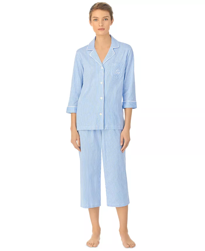 Womens 3/4 Sleeve Cotton Notch Collar Capri Pant Pajama Set