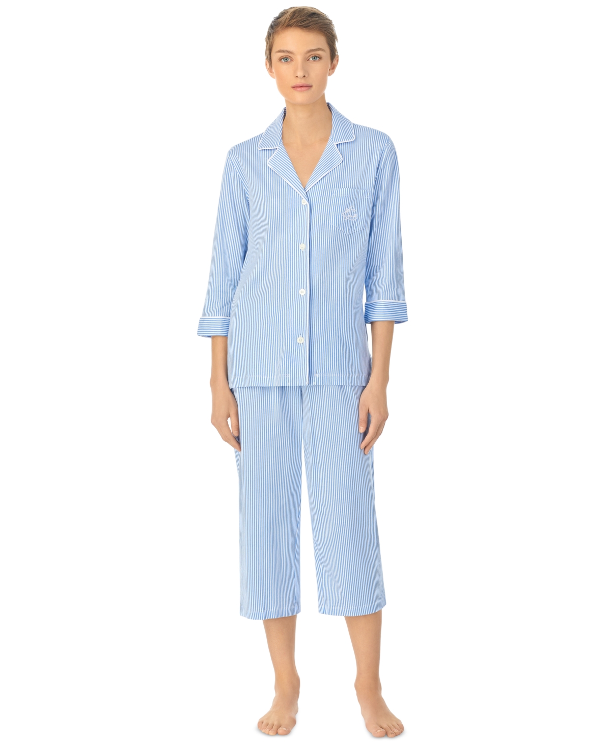 Lauren Ralph Lauren Womens 3/4 Sleeve Cotton Notch Collar Capri Pant Pajama Set In French Blue Stripe