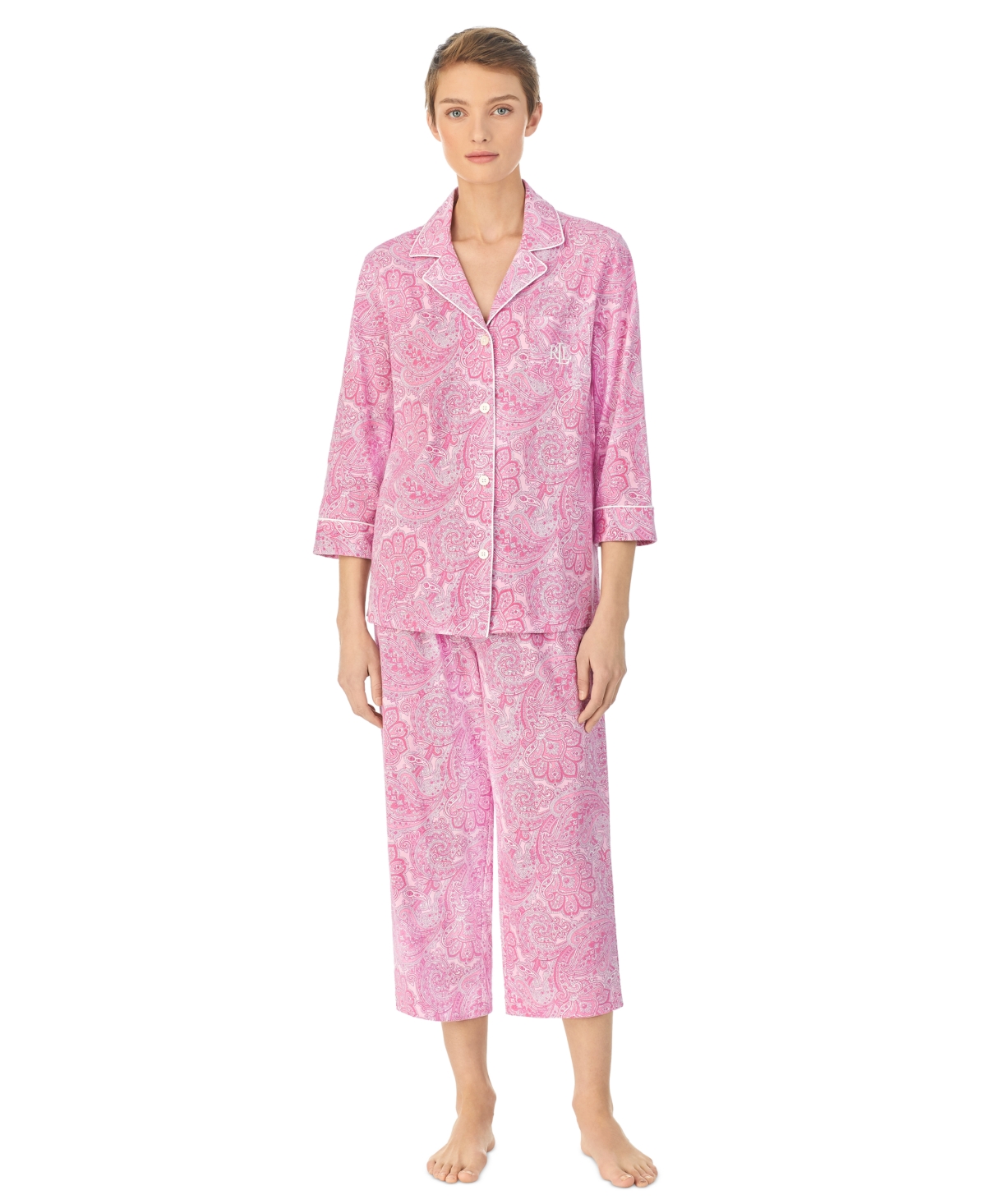 LAUREN RALPH LAUREN WOMENS 3/4 SLEEVE COTTON NOTCH COLLAR CAPRI PANT PAJAMA SET