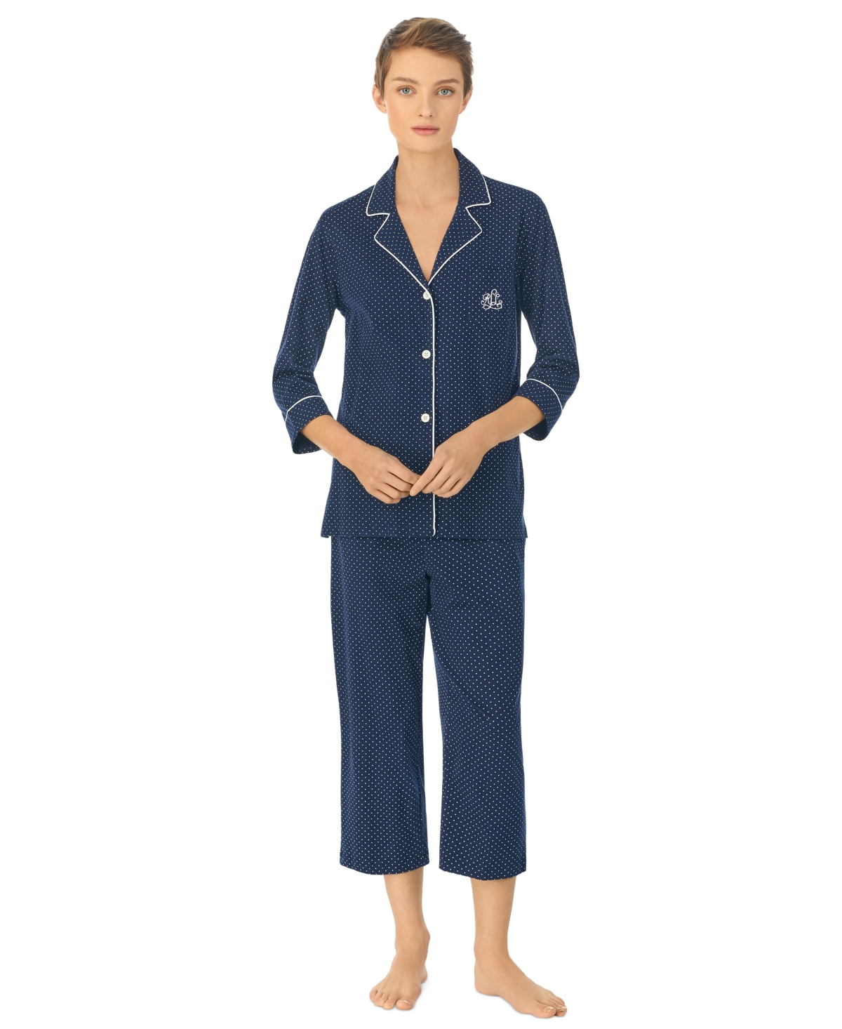 Shop Lauren Ralph Lauren Womens 3/4 Sleeve Cotton Notch Collar Capri Pant Pajama Set In Navy Dot