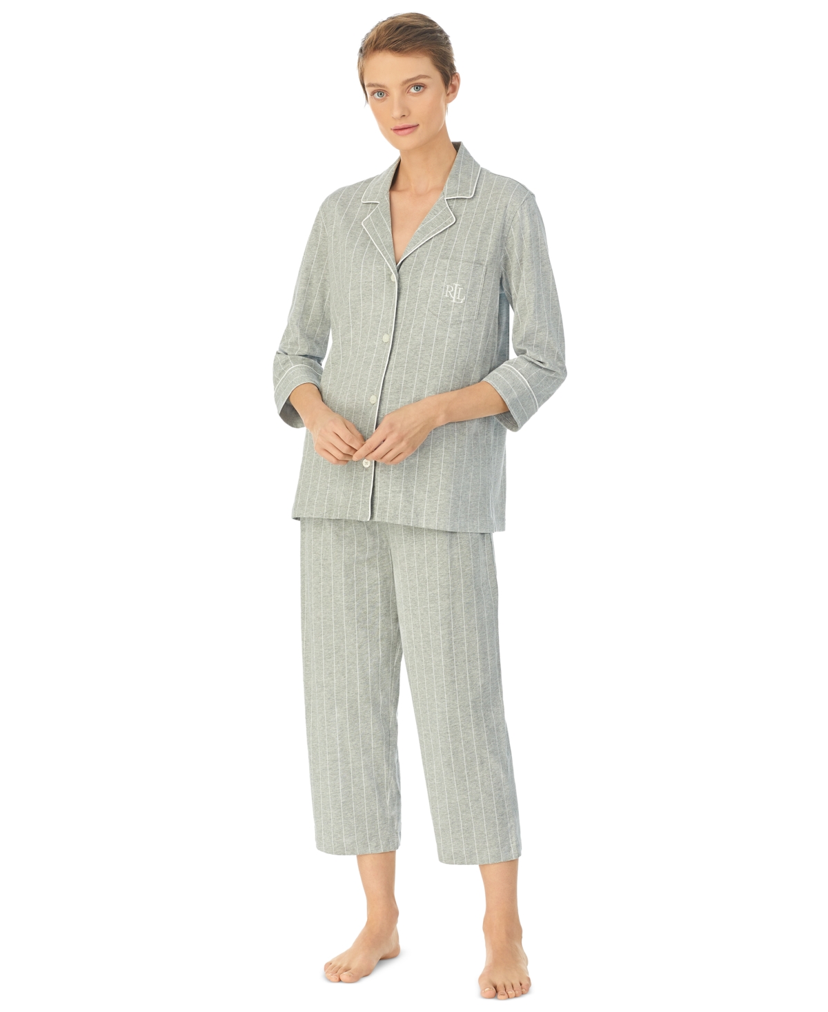 Lauren Ralph Lauren Womens 3/4 Sleeve Cotton Notch Collar Capri Pant Pajama Set In Grey Stripe