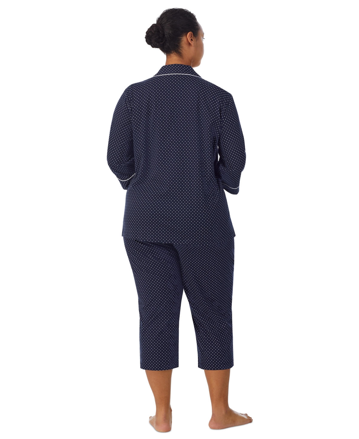 Shop Lauren Ralph Lauren Plus Size Button-front Top And Pants Pajama Set In Navy Dot