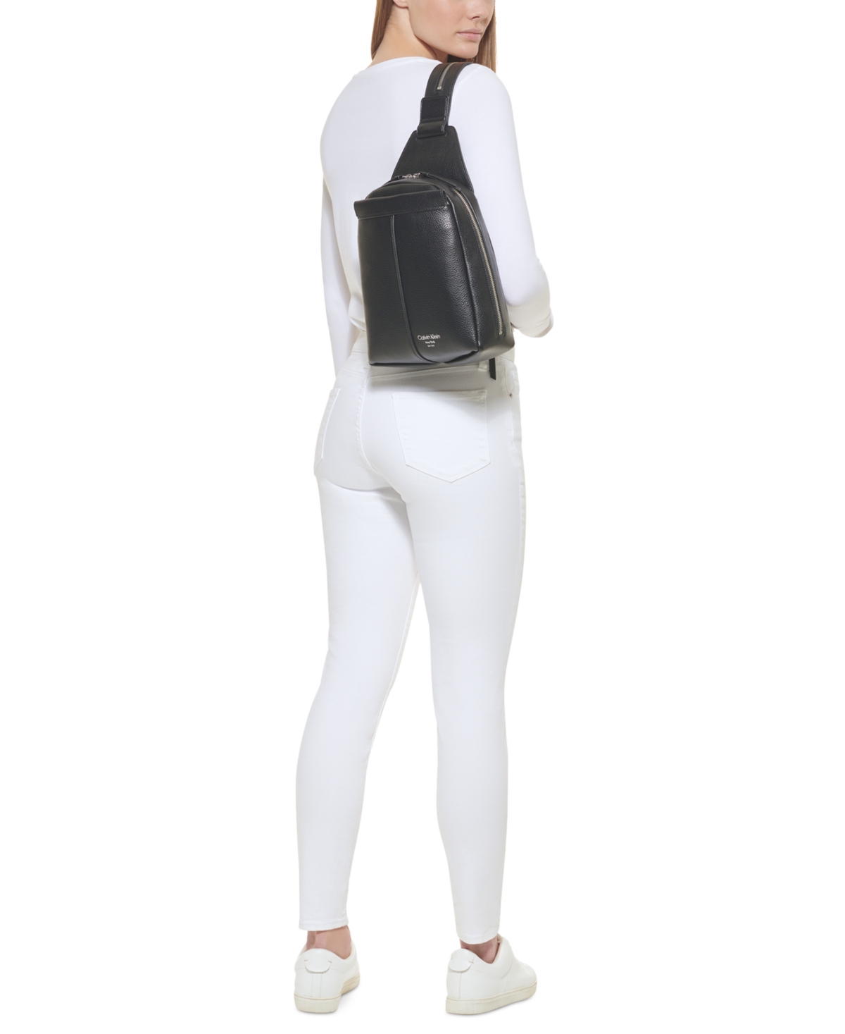 Shop Calvin Klein Millie Convertible Leather Sling Bag, Backpack In Black,silver