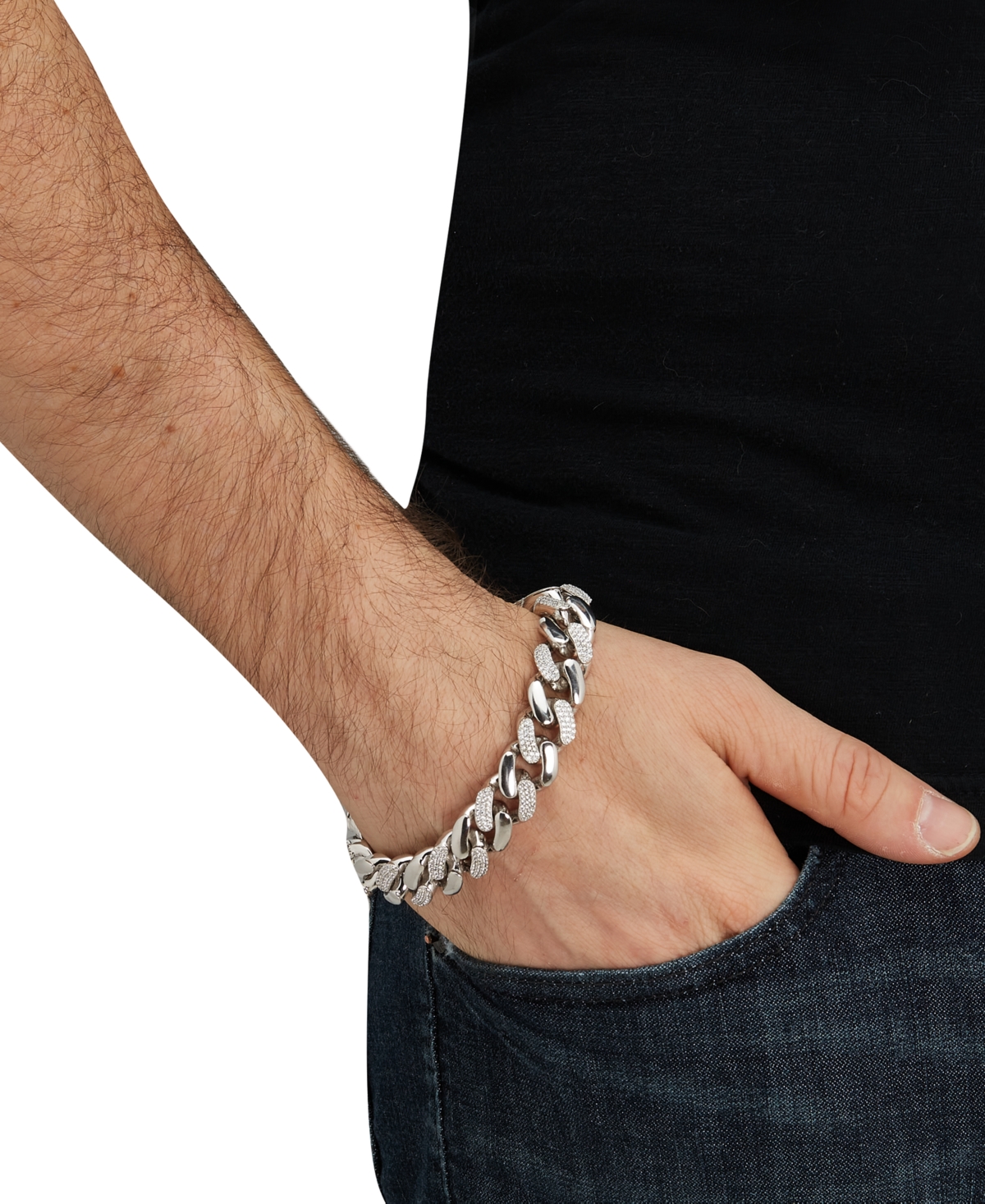 Men's Cubic Zirconia Pave Curb Link Chain Bracelet - Sterling Silver