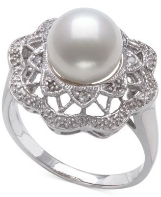 Belle de Mer - Cultured Freshwater Pearl (9mm) & Diamond Accent Filigree Statement Ring in Sterling Silver