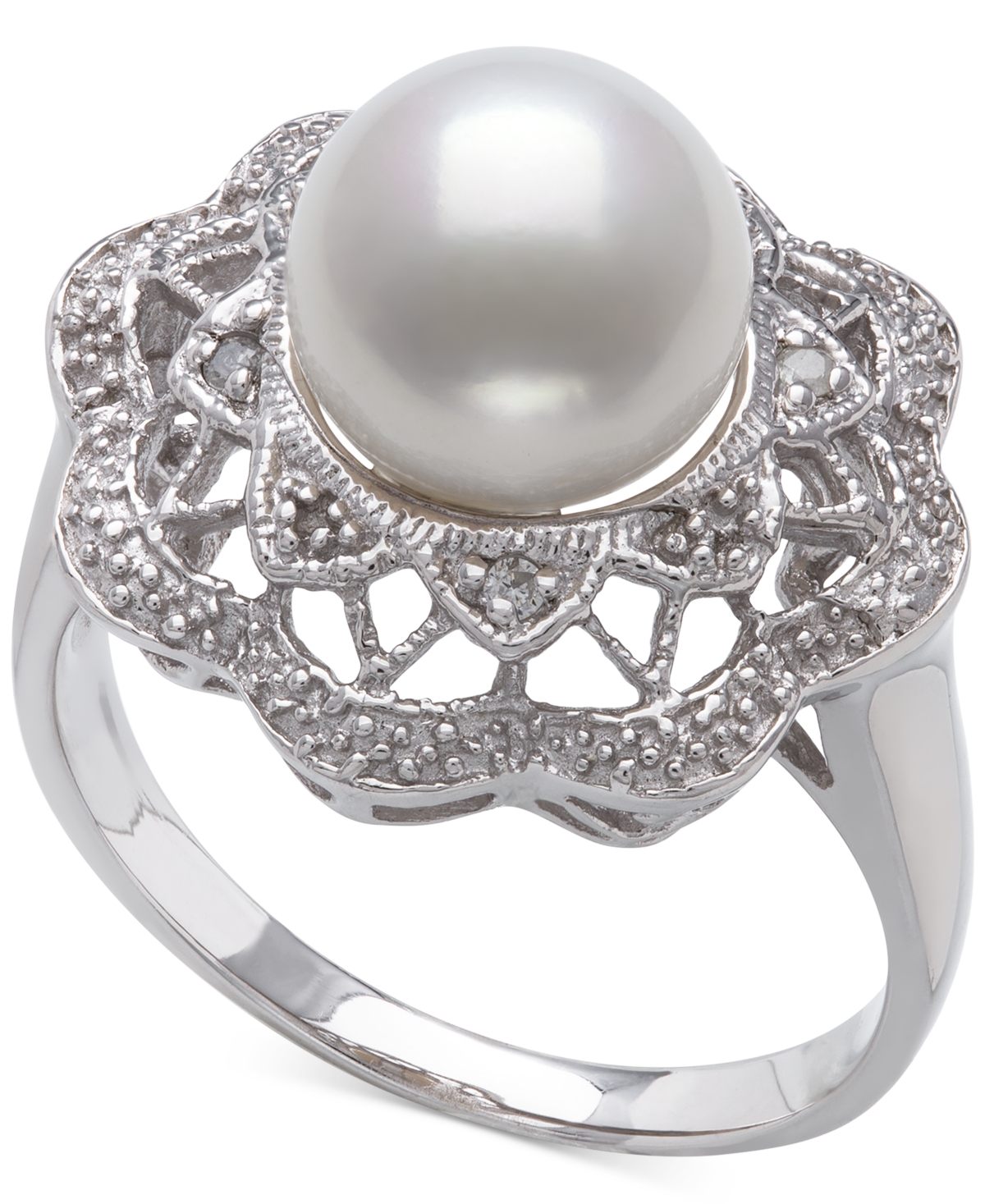 Belle De Mer Cultured Freshwater Pearl (9mm) & Diamond Accent Filigree Statement Ring In Sterling Silver In White