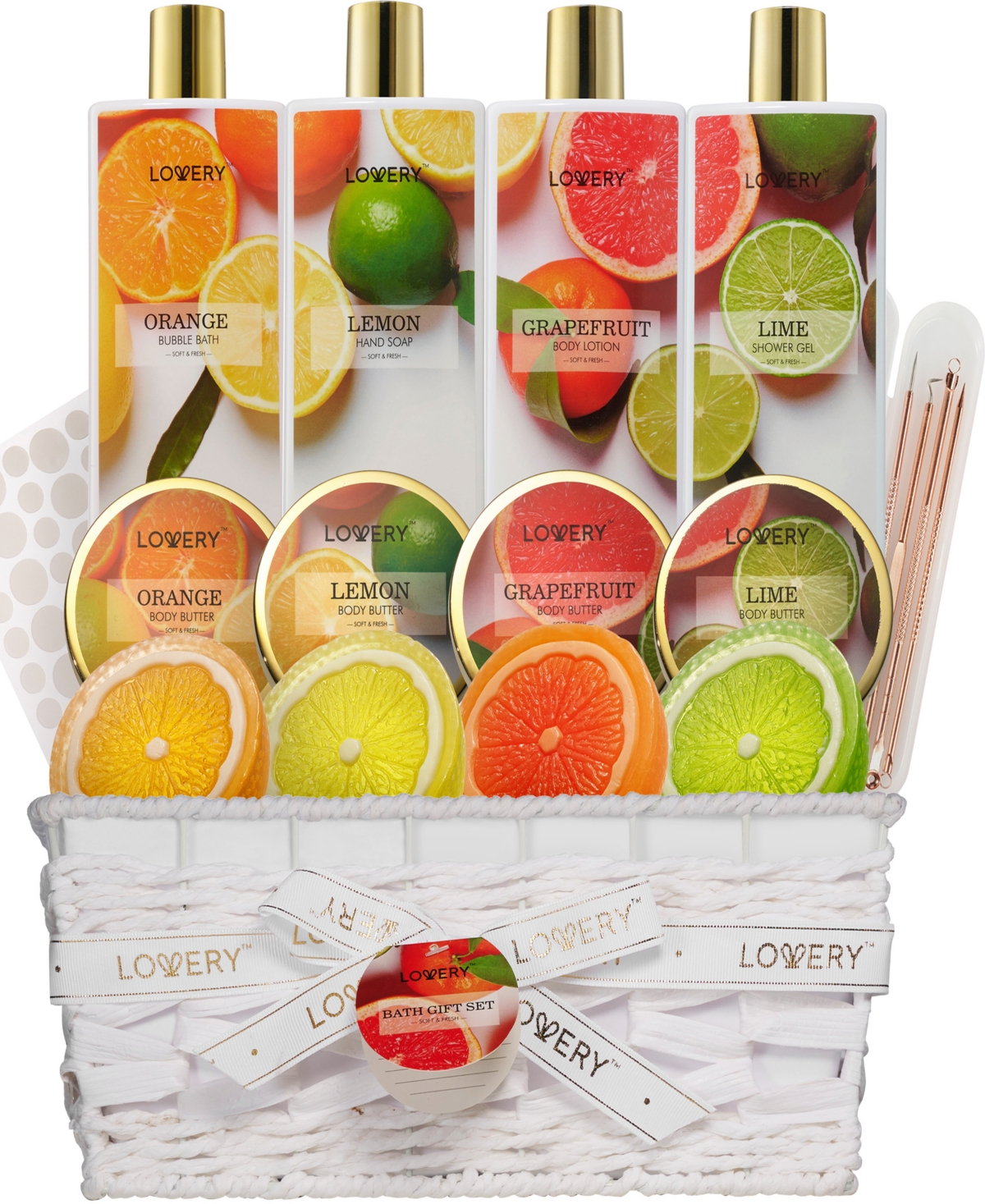 Lovery Bath and Body Care Gift Set, Home Spa Kit in Lemon, Orange, Grapefruit Lime Scents, Relaxing Stress Relief Gift, 19 Piece