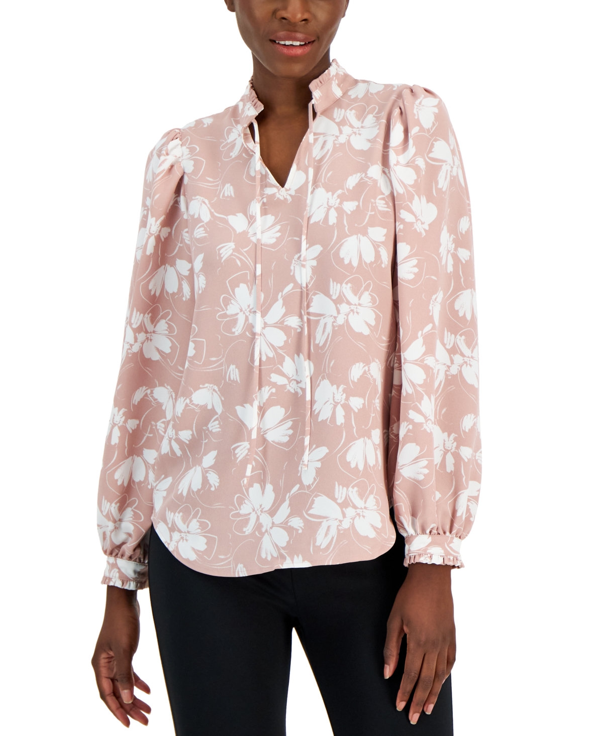 Alfani Women's Ruffled Tie-Neck Solid-Color Blouse, Created for Macy's