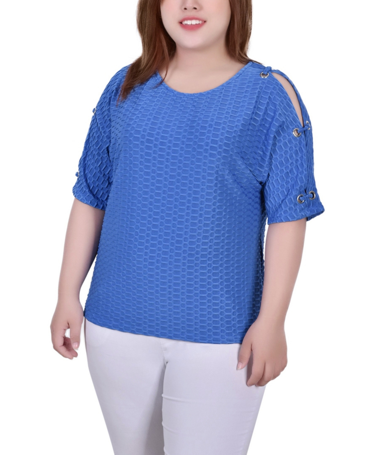 Ny Collection Plus Size Short Sleeve Honeycomb Textured Grommet Top In Dark Blue