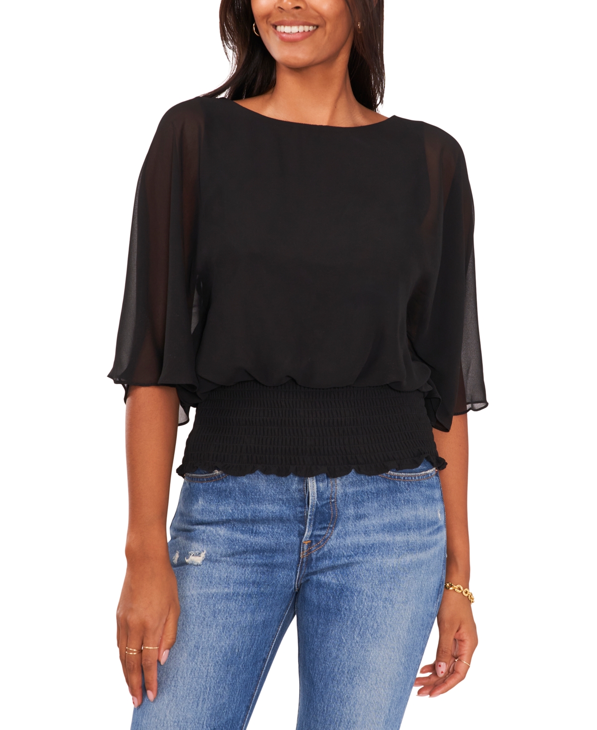 Shop Sam & Jess Women's Smocked-waist Top In Rich Black