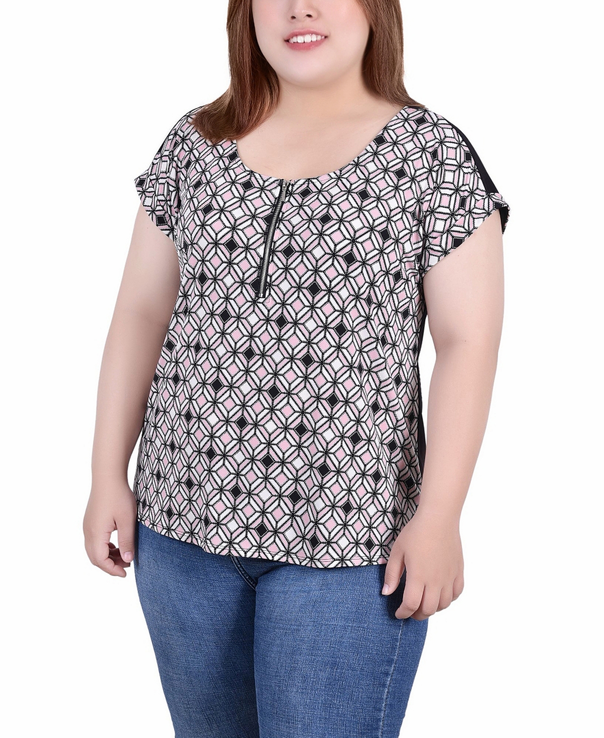 Plus Size Short Sleeve Half Zip Knit Top - Mellow Rose, Ivory