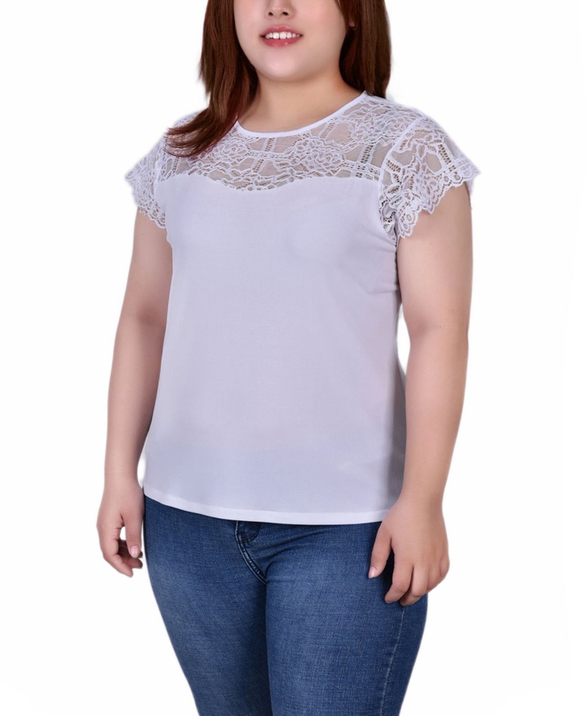 Ny Collection Plus Size Crepe Knit Top With Lace Flanged Sleeve In White