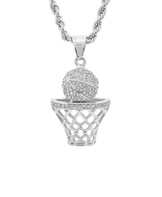 Men's Stainless Steel Simulated Diamond Basketball and Hoop Pendant