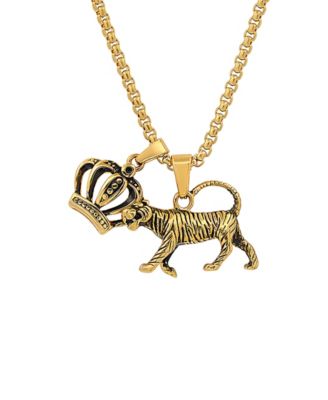 Men's 18k Gold Plated Stainless Steel Tiger and Crown Pendant Necklaces
