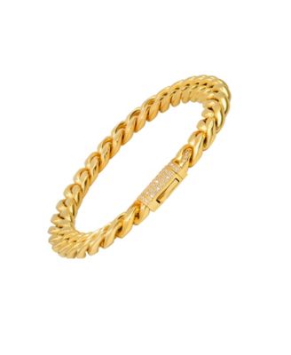 Men's 18k Gold Plated Stainless Steel Thick Cuban Link Chain Bracelet with Simulated Diamonds Clasp